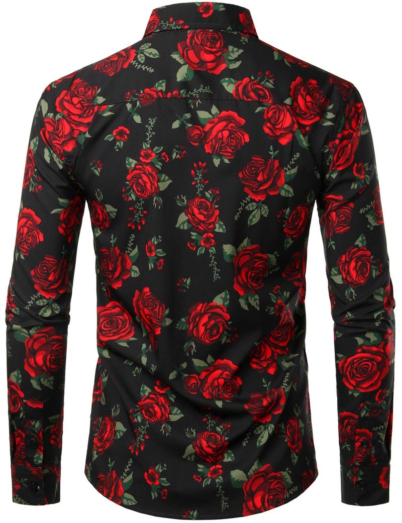 ZEROYAA Mens Fashion Urban Design Polyester Slim Fit Long Sleeve Rose Printed Button Up Dress Shirts ZLCL21-Black Large - Image 2